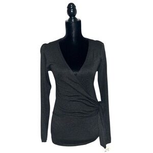 NWT Dress Forum Charcoal Fitted Wrap Side Tie V Neck Sweater Size S